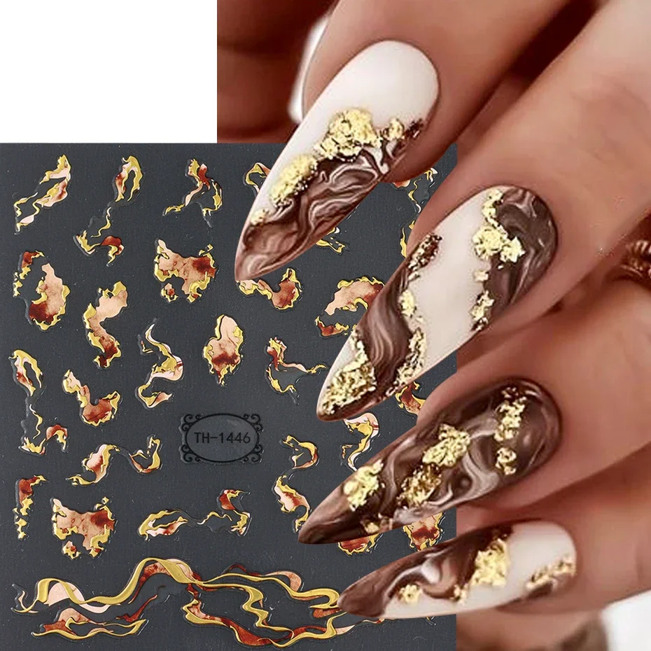 Adesivi per unghie Viola Blu Marrone Inchiostro Design Decalcomanie Decorazioni dorate Arte Gel olografico autoadesivo Cursore Forniture per manicure