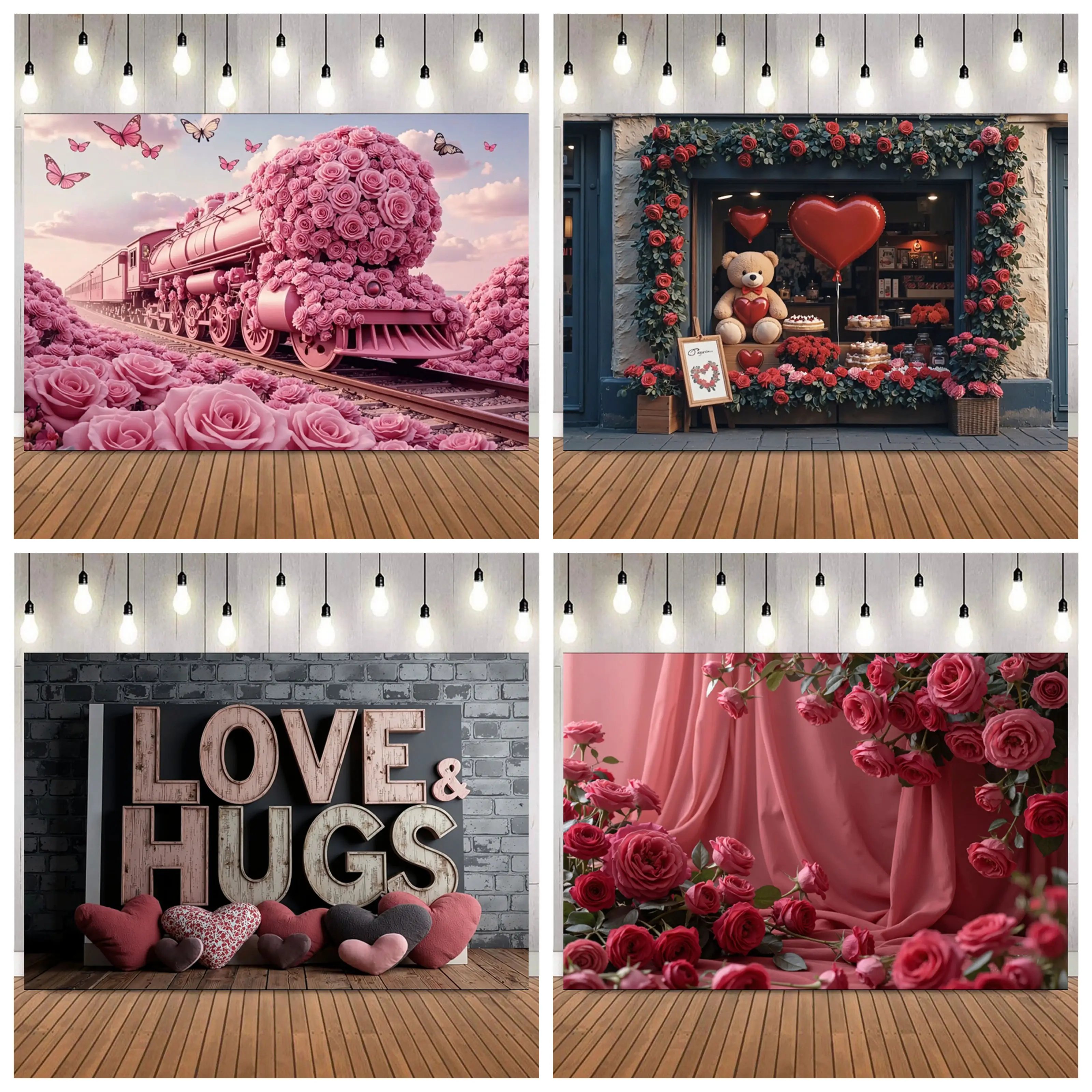 

Мечтательный фон для фотосъемки на День святого Валентина, розовая роза, поезд, бабочка, пара, романтический декор для свидания, портретный фотофон