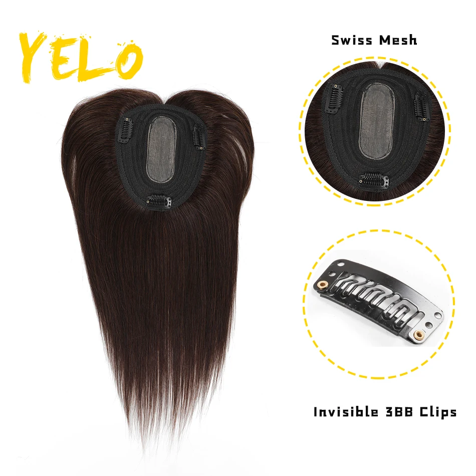 Yelo Natural Topper Human Hair Piece With Bang 100% Brazilian Remy Topper Middle Clip In Hair Extensions Machine Made Lace Base