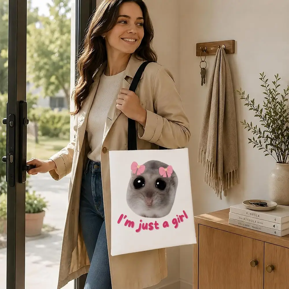 Pattern y2K Cartoon Meme Cat Storage Bags Aesthetic Reusable Canvas Tote Bag Shoulder Bag for School Work Travel
