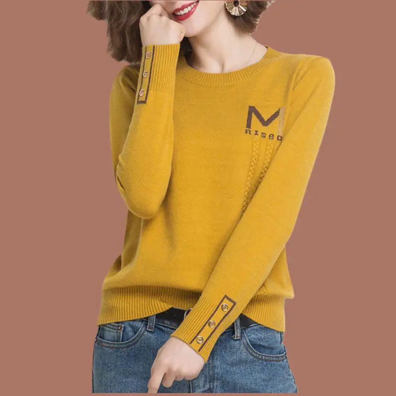 Fashion O-Neck Knitted Button Loose Letter Korean Sweater Women's Clothing 2022 Autumn New Casual Pullovers All-match Warm Tops