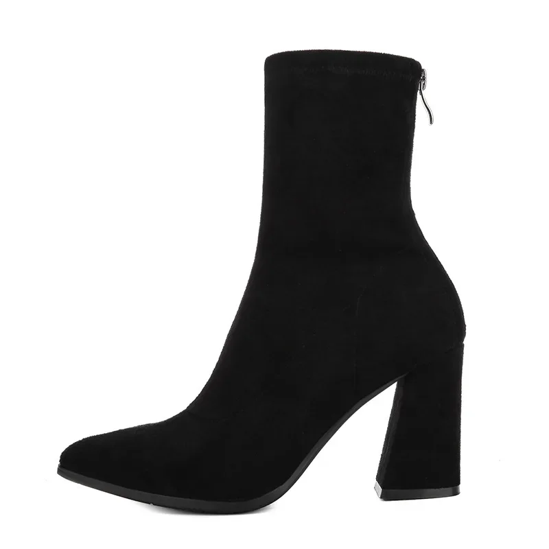 Ankle Chunky High Heel Sock Chelsea Boots Women Autumn Fashion Pointed Frosted Suede Short Boots Female Pumps Sexy Warm Boots