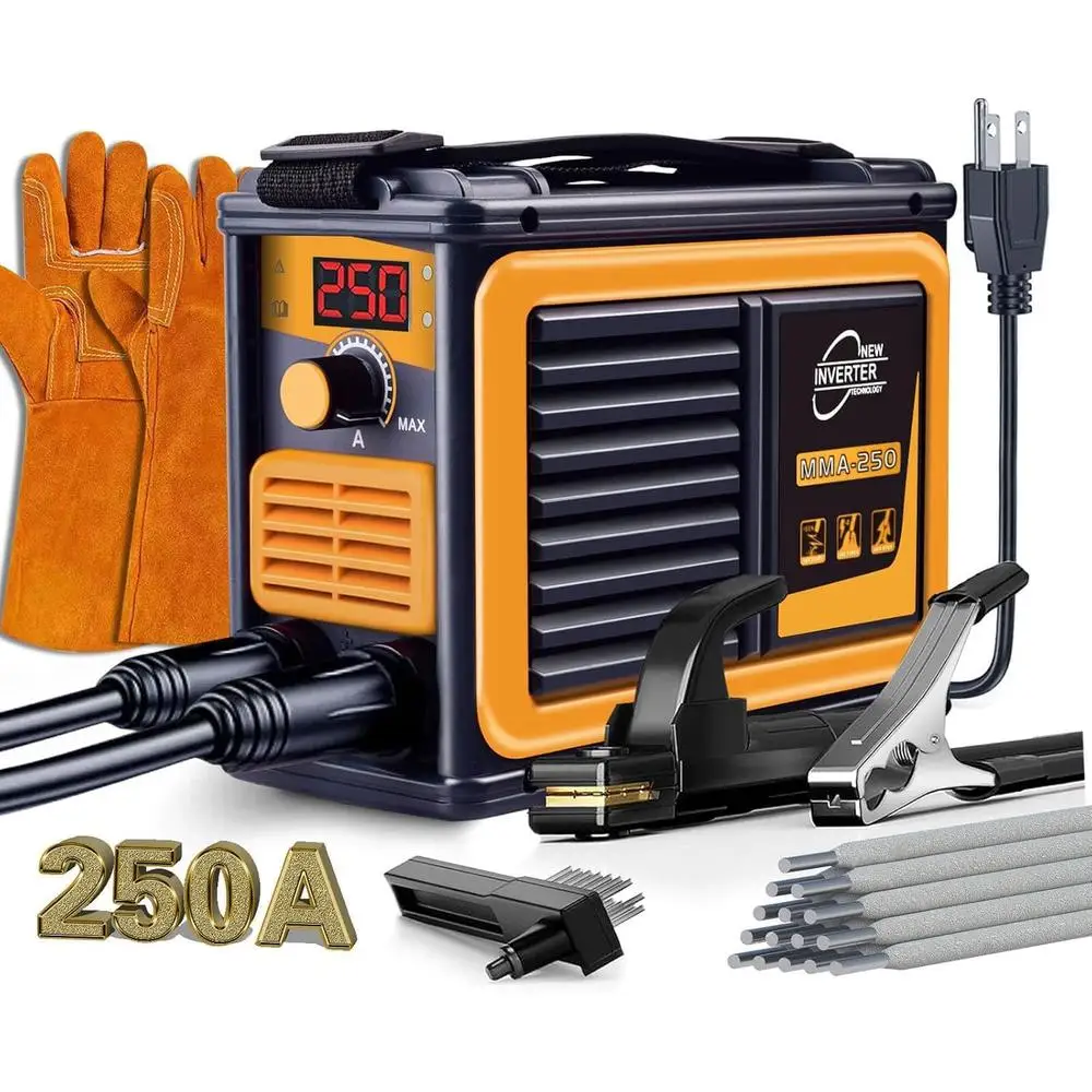 250A 110V Portable Welding Machine IGBT Digital Display Stick Welder Home DIY Arc Force with 10PCS Rods Gloves Hammer Easy Carry