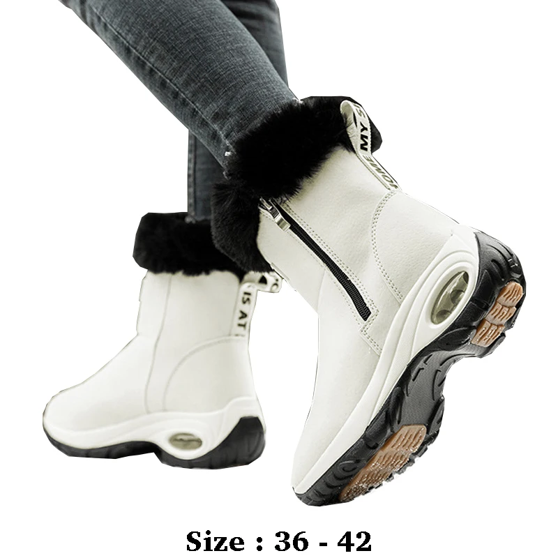 

High quality ankle length leather snow boots for women new 2025 winter outdoor fur plush warm walking casual shoe black white
