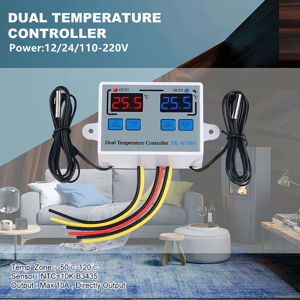 XK-W1088 Dual Digital Control Temperature Microcomputer Thermostat Switch Thermometer Thermoregulator 12/24/220V for Incubator