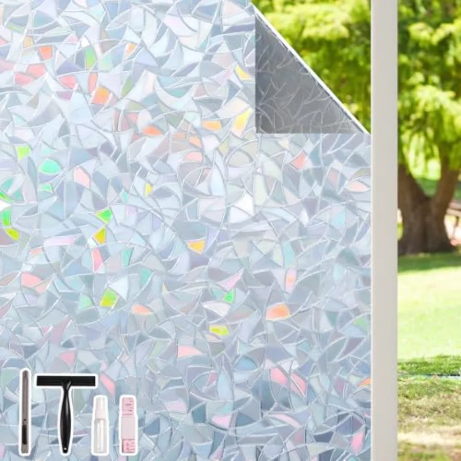 

Privacy Window Film Stained Glass 3D Decorative Rainbow Window Tint Static Cling UV Blocking Heat Control Decals Sticker for Ho