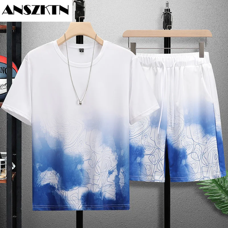 

ANSZKTN Men's Casual Sports Suit Japanese Trend Quick Dry Crew Neck Short Sleeve T-Shirt Oversize Breathable Five-Point Pants