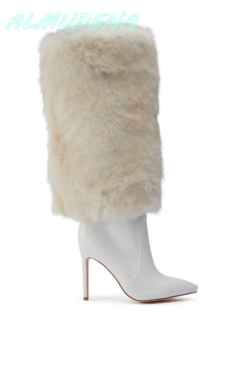 Beige Fur Side Zipper Knee-high Boots Thin High Heels Pointed Toe Side Zipper Winter Sexy Catwalk 2025 New Arrivals Luxury