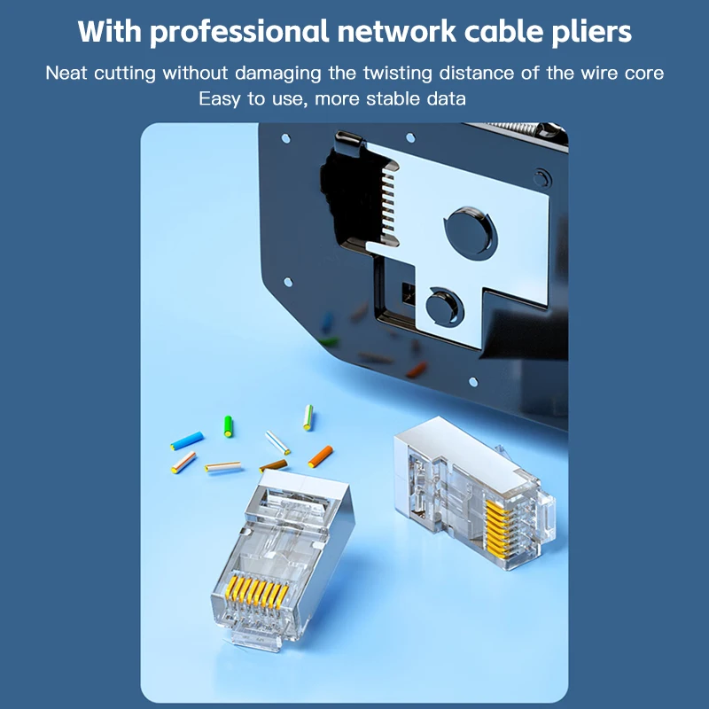 Cat6 Pass Through RJ45 Shielded Connectors Crystal End Gold-Plated 8P8C Crimp UTP Ethernet Modular Plug