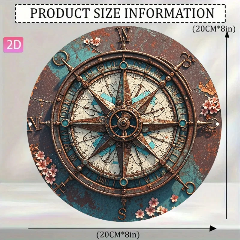 2D Flat - 【2D Flat】 2D Flat Print 1pc Metal Iron Sign 2D Flat, 2D Flat 1pc, Vintage Sign with a Compass Adorned with Pink Flower