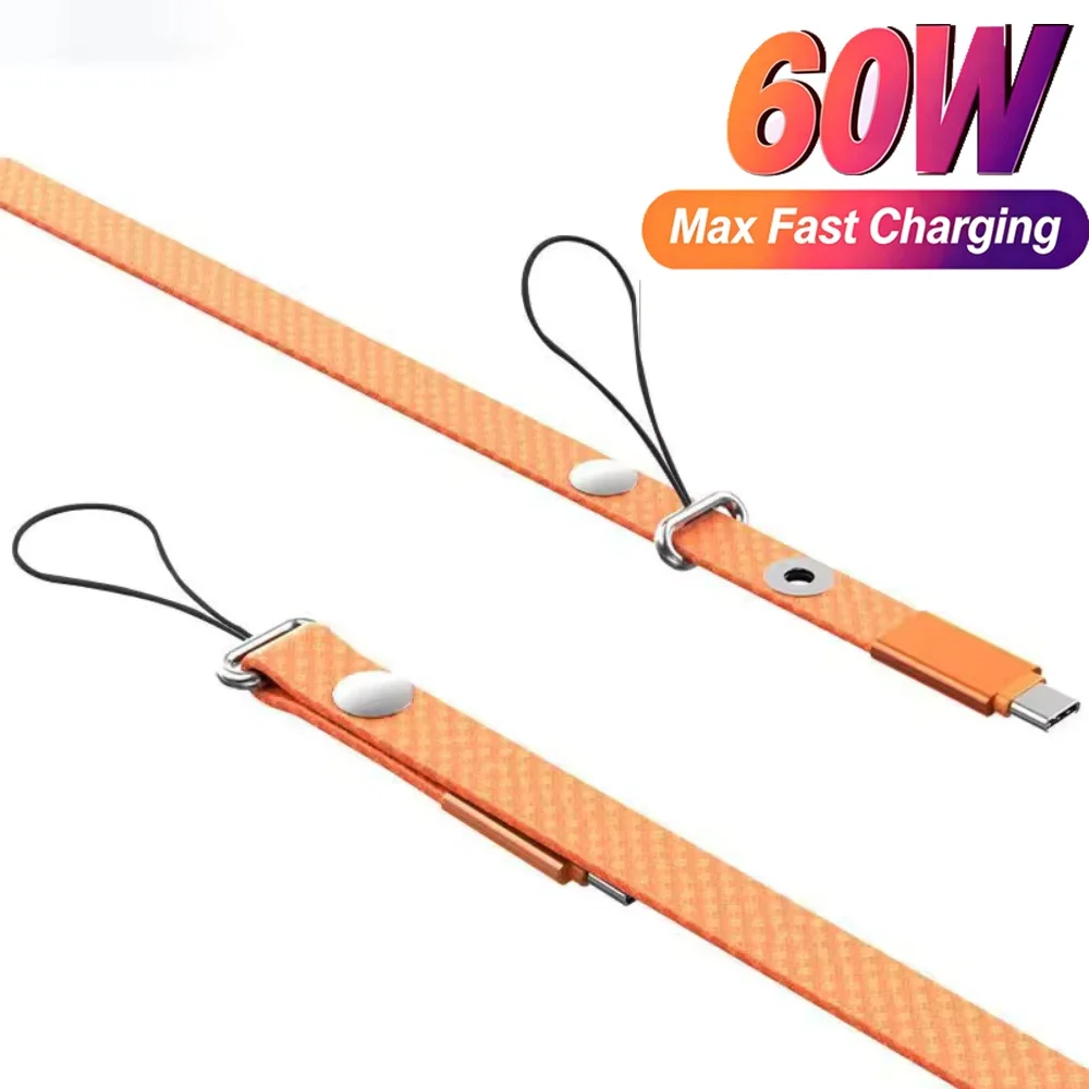 60W Type C Data Cable Mobile Phone Lanyard 2 in 1 Anti-lost Crossbody Strap Fast Charging Phone Strap Braided Phone Hanging Rope