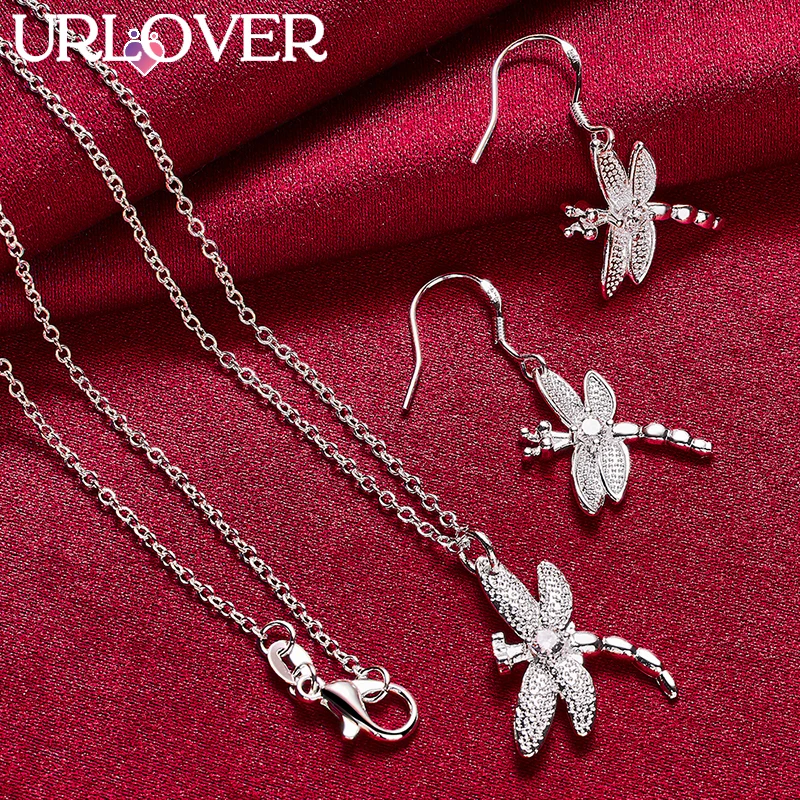 

URLOVER 925 Sterling Silver Zircon Dragonfly Chain Necklace Earring Set For Woman Fashion Party Wedding Jewelry Birthday Gift