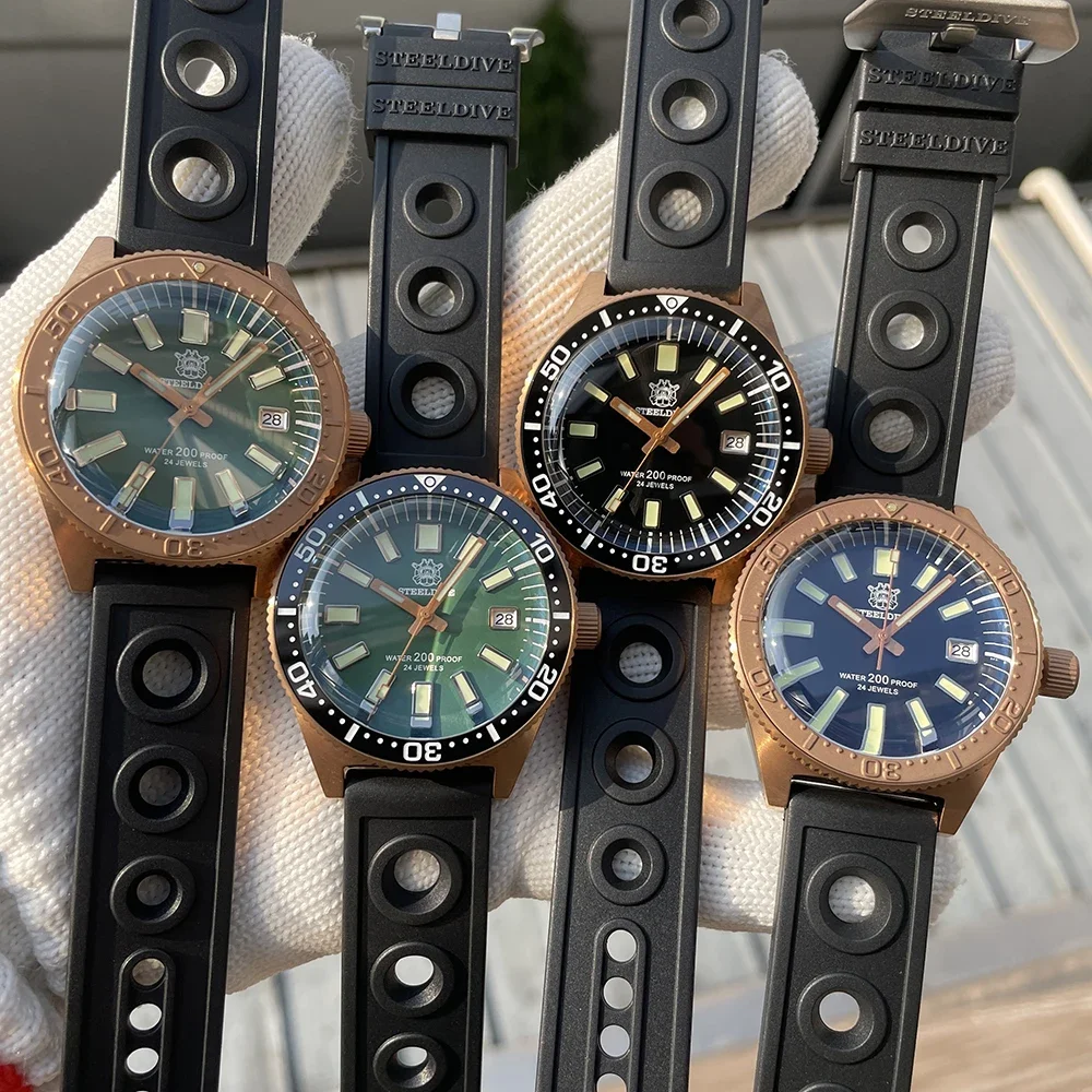 STEELDIVE Brand SD1962S 41.9mm Solid Bronze C3 Green Luminous Sapphire Glass NH35 Automtic 200M Waterproof Mens Dive Watch