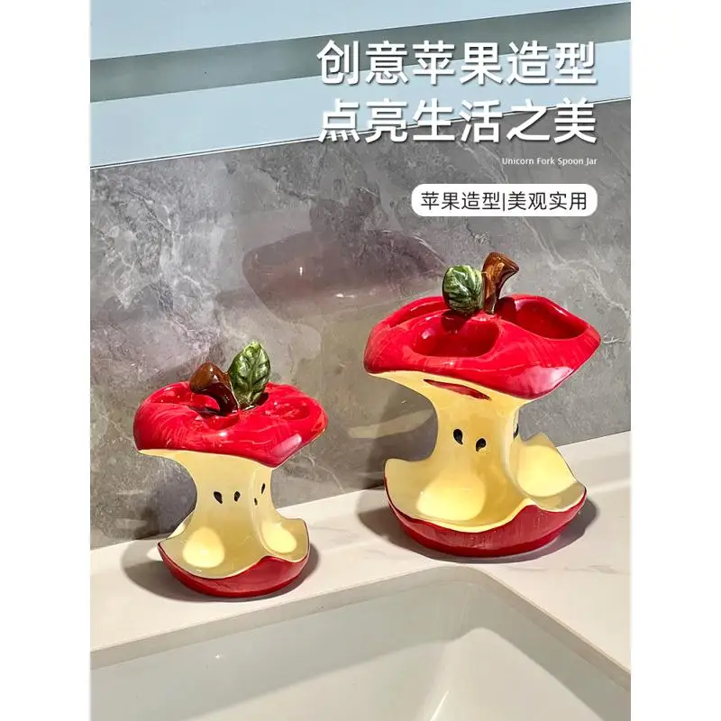 Cute Apple Core Ceramic Toothbrush Holder Space Saving Bathroom Wash Table Electric Toothbrush Toothpaste Storage
