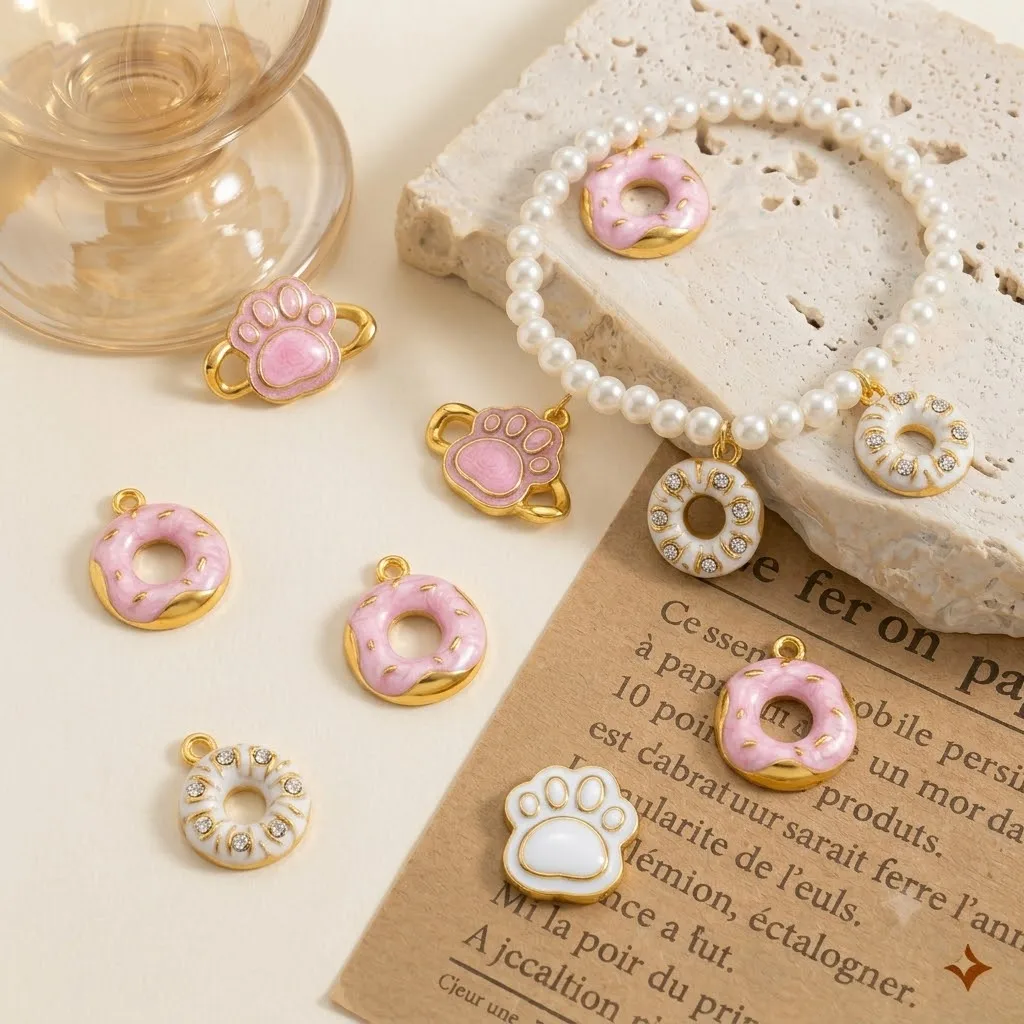 2 Stück/Set Edelstahl Rosa Emaille Pfotenabdruck Donut Anhänger Charms für DIY Armband Schmuckherstellung Zubehör Bastelzubehör – Detail 1