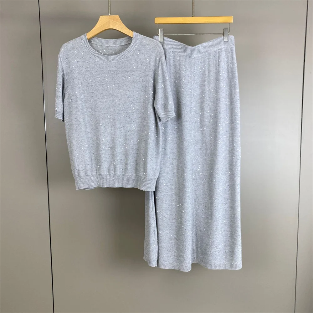 

26 Summer Women's Clothes Skirt Suit Sequined Crew Neck Pullover Knit Short-Sleeve Top With Elastic Waist Skirts 2 Piece Set