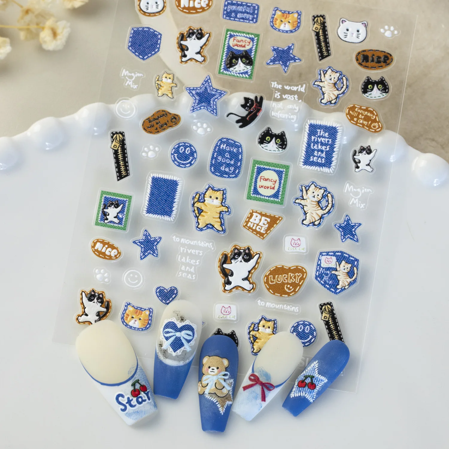 Pegatinas bonitas para decoración de uñas de gato vaquero, calcomanías para uñas de amor y estrella de gato vaquero azul, suministros para decoración de uñas en relieve 5D, decoraciones para manicura