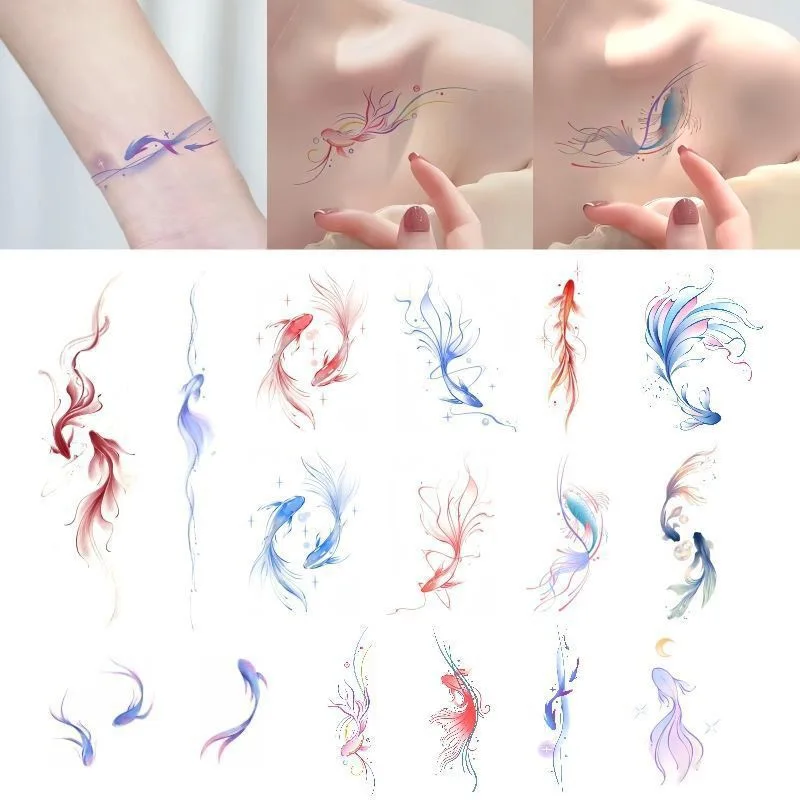 Lucky koi colored tattoo stickers Waterproof female long-lasting wrist stickers painted sexy personality