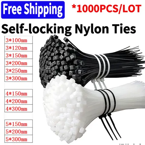 Bilashmart 1000 PCS Self-locking Cable Tie,Nylon Tie,Zip Ties White/Black Plastic Strong Snap High Temperature Resistant Twine Tie Wire Tie