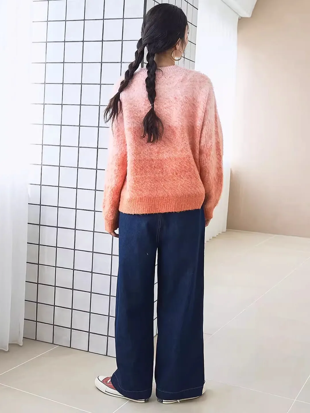 Suéter de Punto para Mujer, Estilo Dulce, Color Deadado, Cuello Redondo, Manga Larga, Estampado de Zorro, Corte Hoado, In...