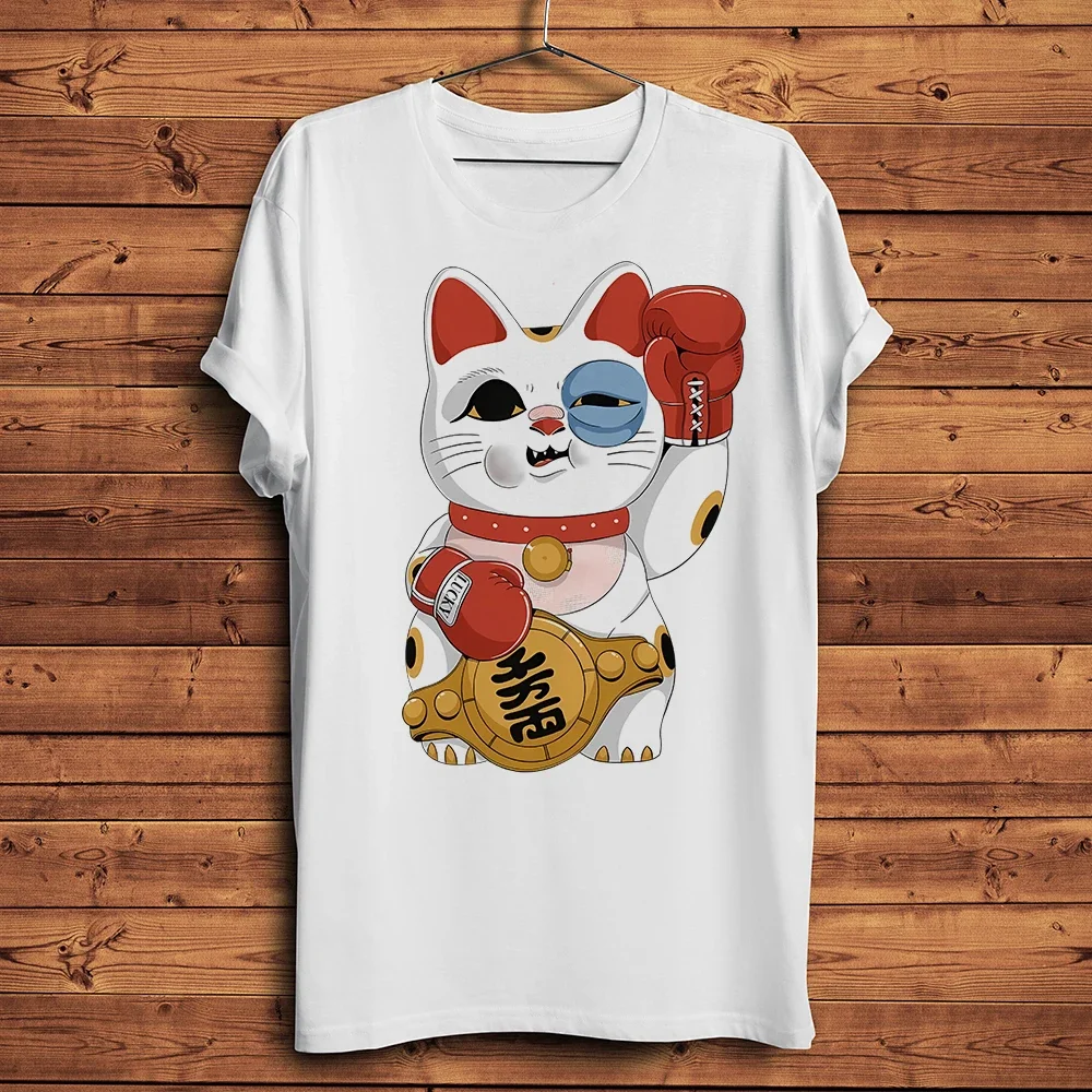 Wounded Boxer Skateboarder Lucky Meow Neko Cat Funny TShirt Homme O-neck Short Sleeve T Shirt Streetwear Unisex Tee Breathable