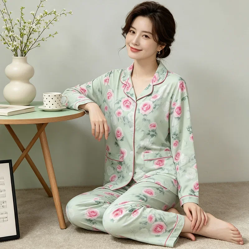 High-End Floral Print, Mid-Age Style, Loose-Fitting, Plus-Size Pajamas And Loungewear Set For Moms—Long-Sleeve Two-Piece Set