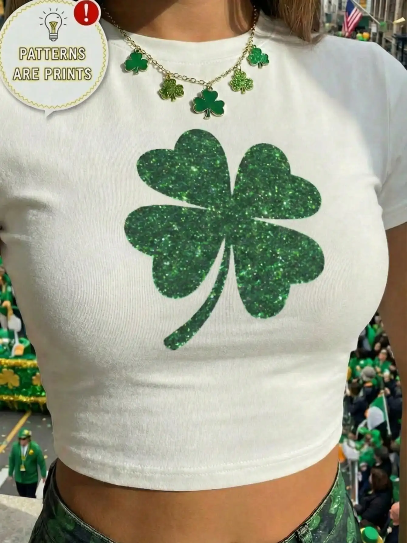 

Glitter Shamrock Print Fitted Crop Top T-Shirt for Women, Spring Summer Casual Wear
