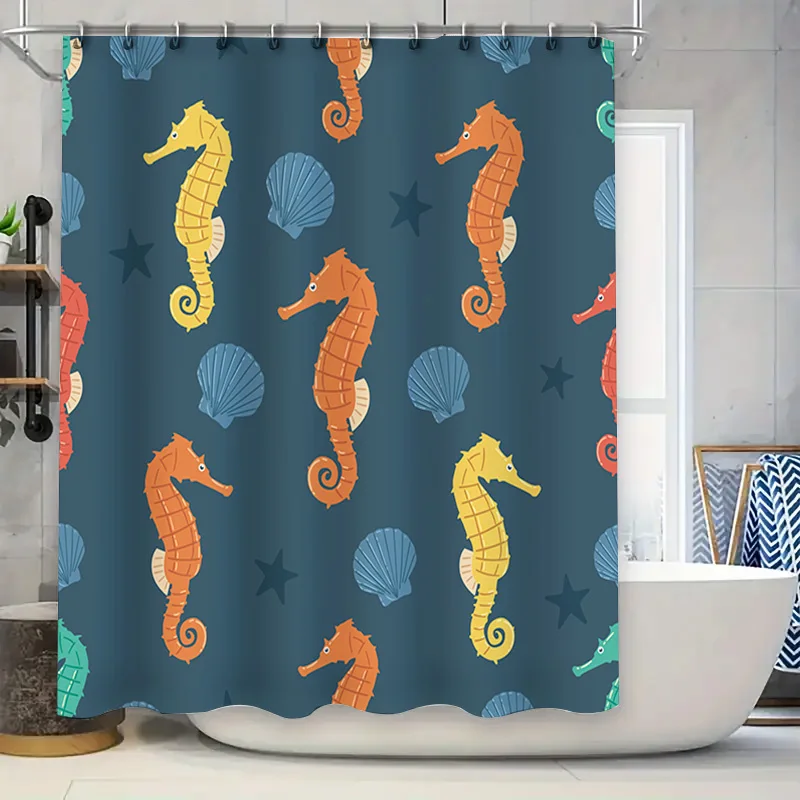 

Яркая занавеска для душа с рисунком морского конька, синяя полиэстеровая водонепроницаемая декоративная подкладка для ванной комнаты, набор 215x180 см (3D)