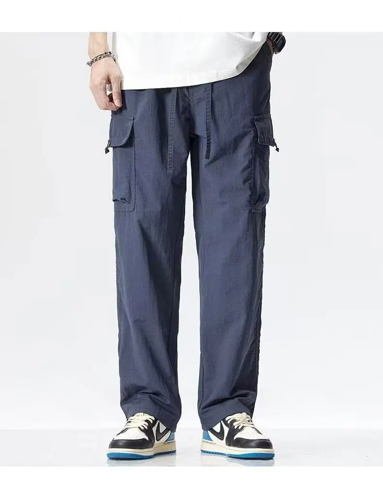 

Cargo pants men straight leg hanging wide leg casual pants 2024 new drawstring multi-pocket fashion trend pants