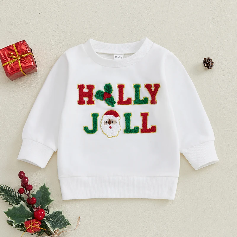 

Baby Boys Girls Christmas Sweatshirts Santa Holly Leaf Embroidery Long Sleeve Pullovers Toddler Winter Tops