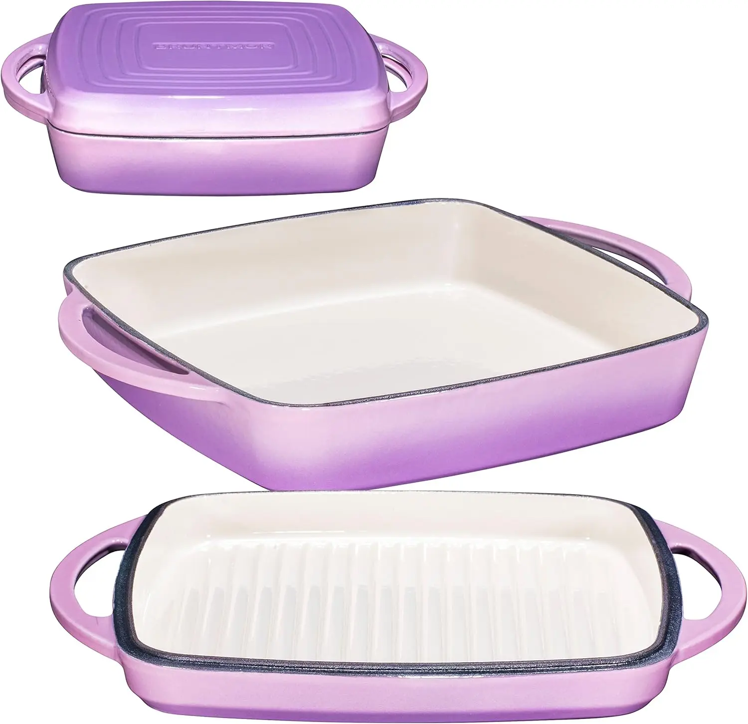 2-in-1 Square Enamel Cast Iron Dutch Oven Baking Pan With Handles, Purple Baking Pans Set With Cast Iron Skillet, Braising Pan F