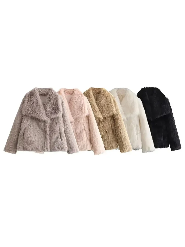 HH TRAF Women Fashion Faux Fur Loose Jacket Elegant Long Sleeve Plush Open Front Coat Oversize Female Casual Lapel Outerwear