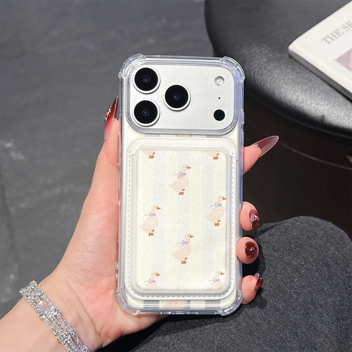 Duck & Stripe Charm Phone Case For iPhone 17 16 15 14 13 Pro Max Plus Wallet Pocket Transparent Soft TPU for Magnetic Phone Case