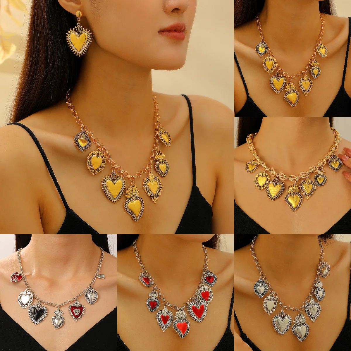 

Heart Pendant Multiple Statement Women Fashion Retro Charm Necklace Earrings Jewelry Set