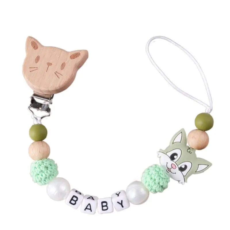 New Personalized Baby Pacifier Clip Beech Wood Animal Clip Custom Name Teether Pacifier Anti-Drop Molar Chain Baby Toy