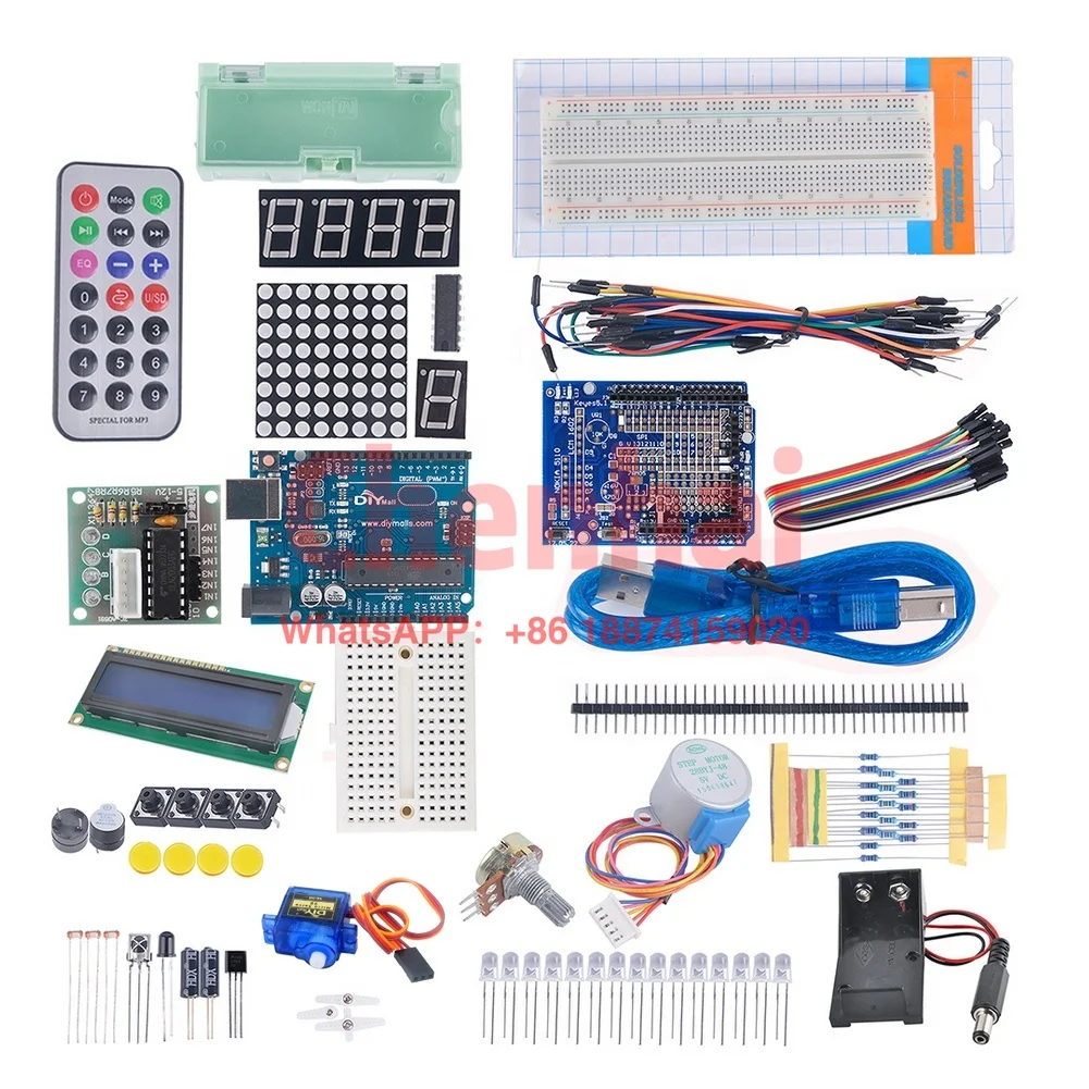 Electronic Starter Learning Kit for Arduino, MCU Board 1602 LCD Motor Driver Breadboard Resistors LEDs Potentiometer Wire Set