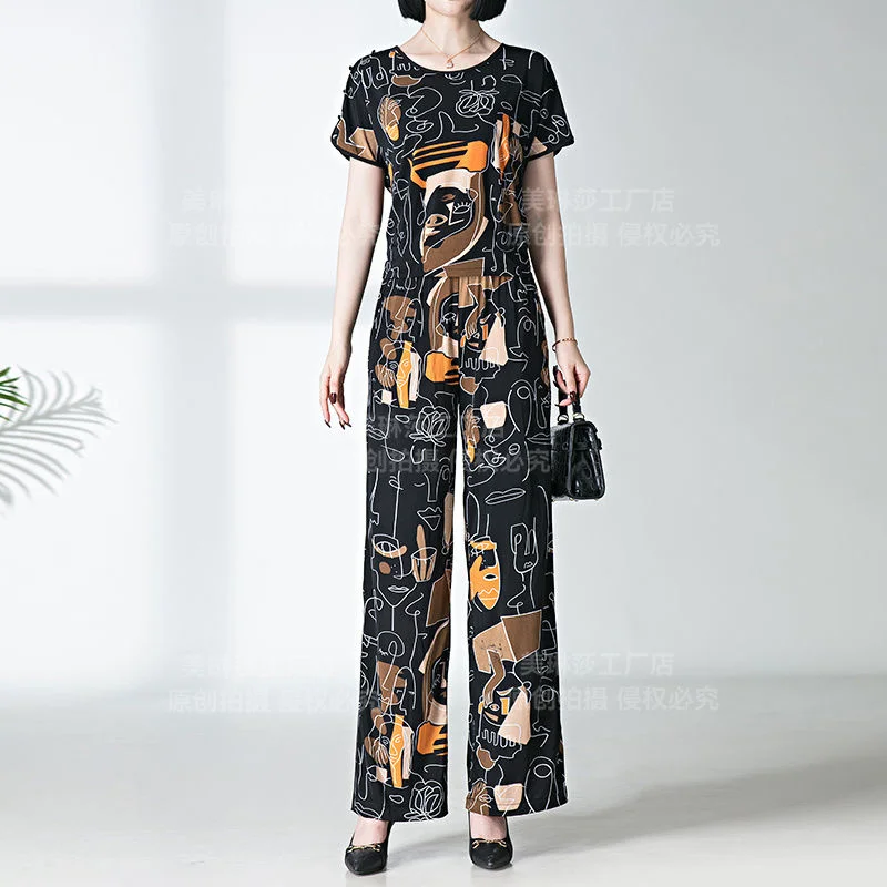 Female Summer Cool Refreshing Sets With Sporty And Casual Versatile Style, Featuring Wide Leg Pants Printed Slim Short Sleeves