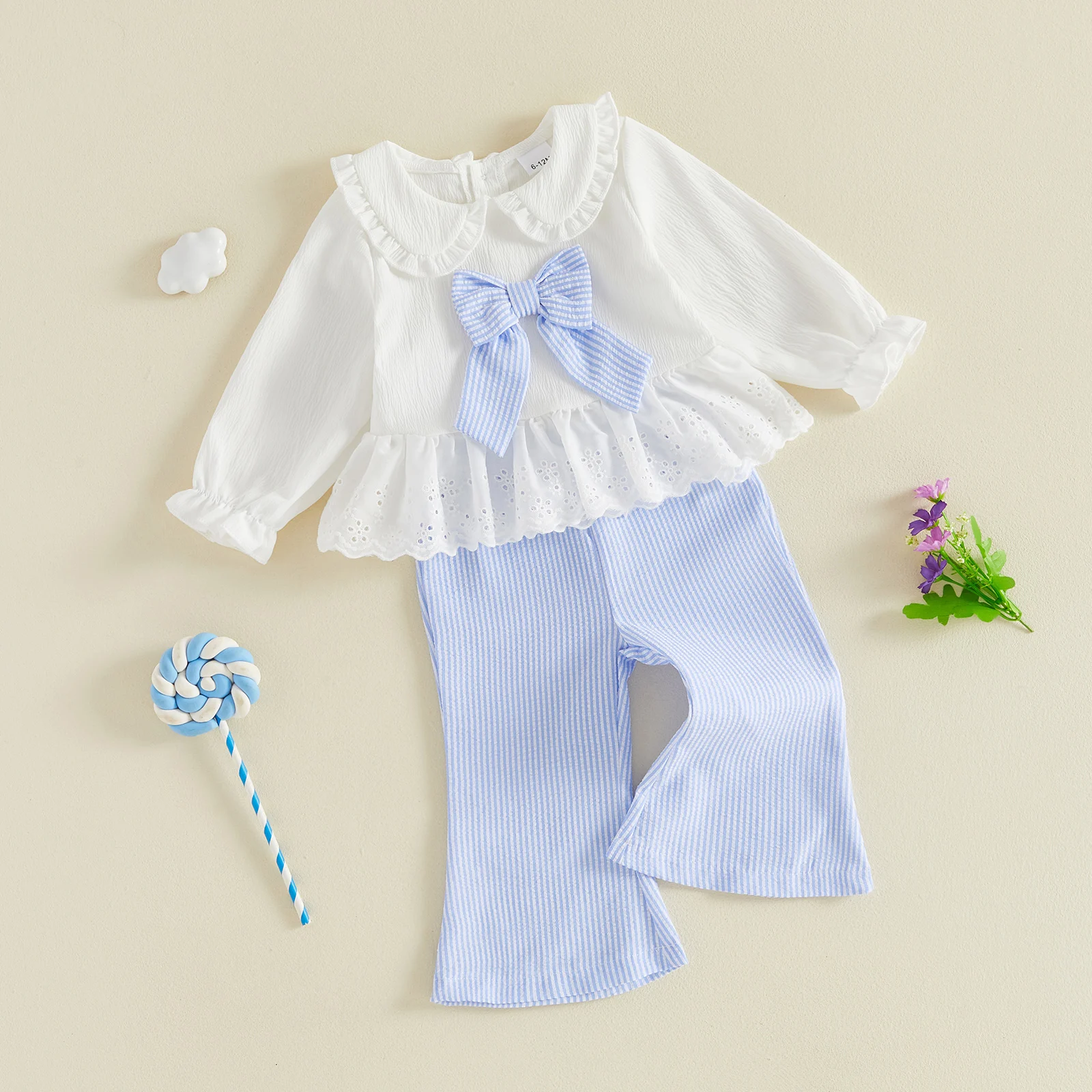 Girls Fall Outfits Long Sleeve Doll Collar Lace Shirt Tops Striped Flared Pants Set Cute Kids Clothing