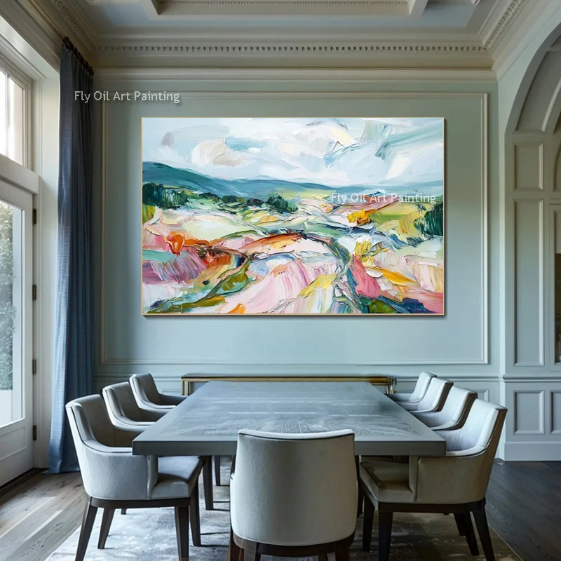 Hand Painted Palette Knife Landscape Oil Painting, Colorful Impasto Mountain Scenery Canvas Wall Art for Home Decor
