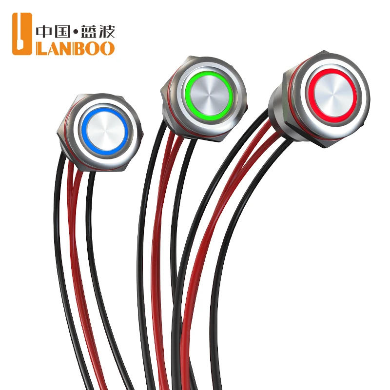 LANBOO 12MM IP67 Waterproof Tact Metal Push button Switch Pre-wired Micro Current 5-24V/220V 1NO