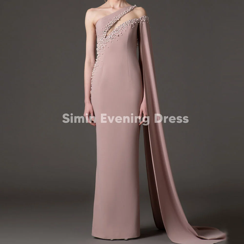 

Simin Women's One-shoulder Pearls Beaded Sheath Luxury Dubai Evening Dress Long Sleeves With Backless Elegant Dresses 2025
