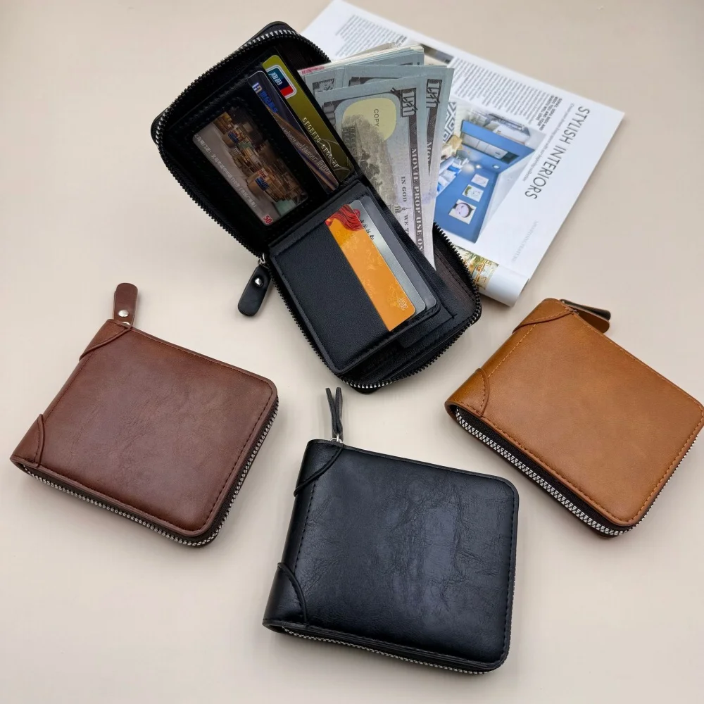 Vintage Zipper Wallet Small Size Card Holder PU Leather Compact Bifold Wallet Men Credit Card Organizer Coin Purse Cash Holder