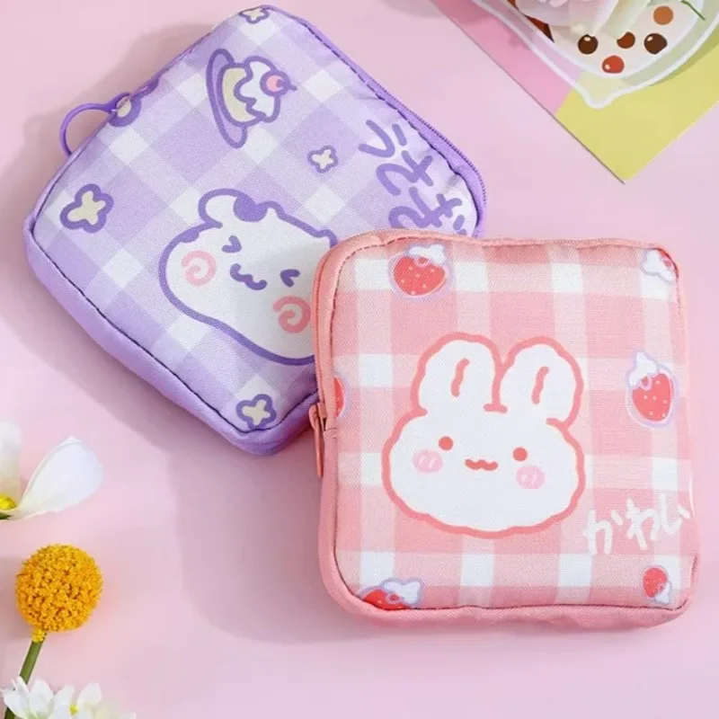 Bolsa de almacenamiento de toallas sanitarias, bolso de mano con patrón de perro y conejo de dibujos animados, bolsa cuadrada de Animal pequeño, bolsas de cosméticos con apertura de cremallera ligera