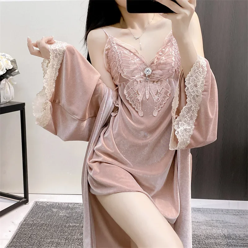 

Temptation Lace sequin Nightgown Sexy Female Loungewear Intimate Lingerie Velour Bathrobe Sleepwear Autumn Homewear