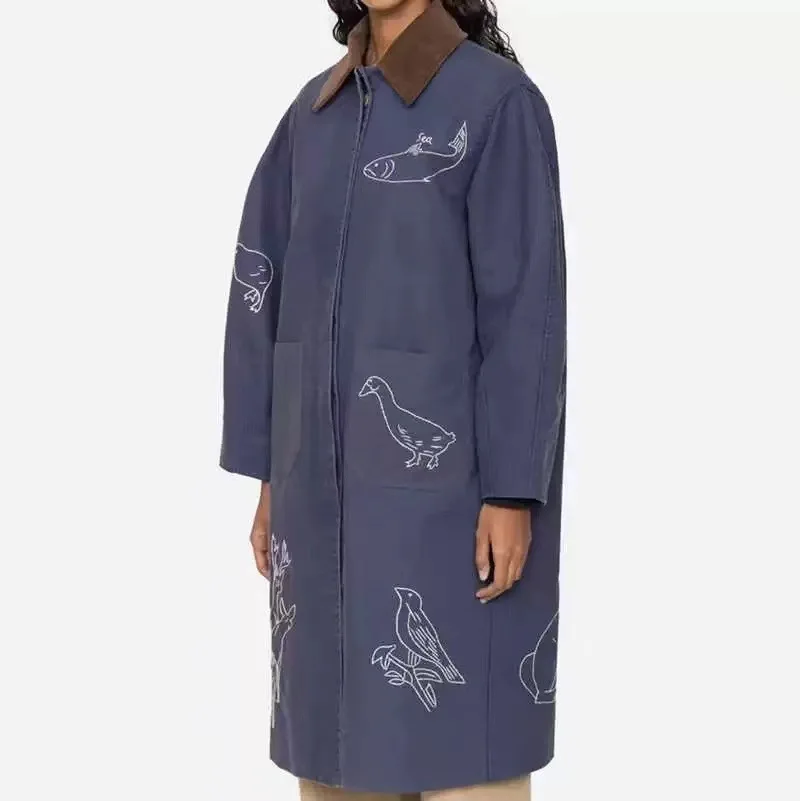 Sezanes fashion new retro corduroy jacket washed do old animal embroidery color collision lapel medium-length jacket men women