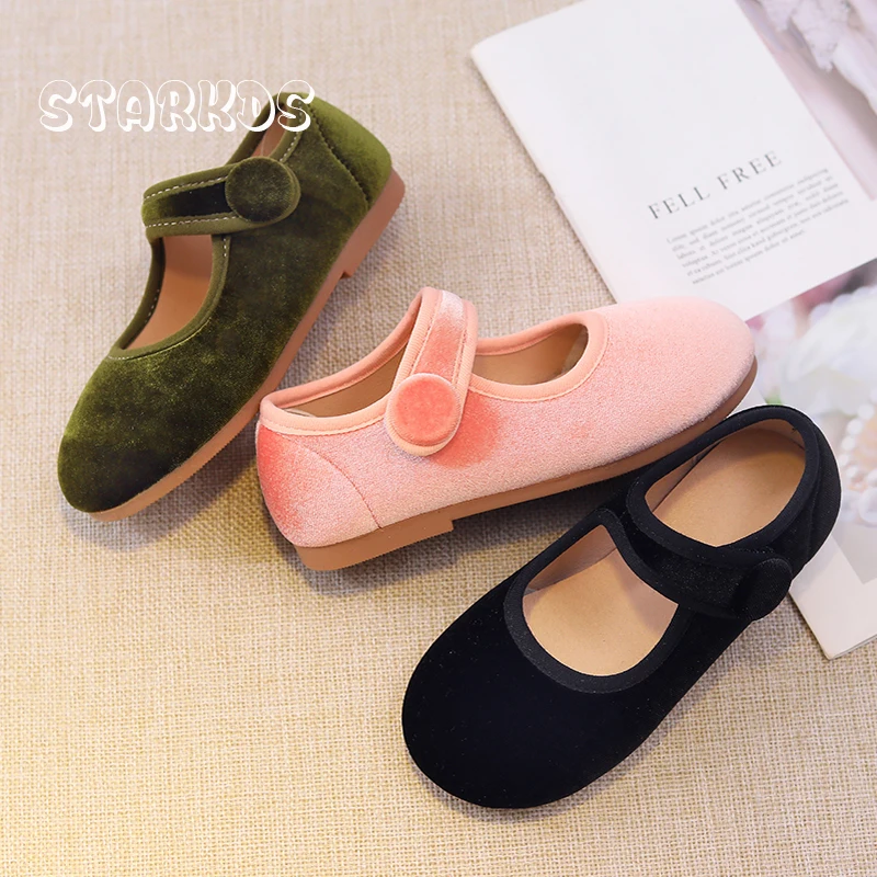 Cute Peach Pink Velvet Shoes Girls Vintage Green Velour Ballet Flats Baby Kids Spring New Soft Sole Luxury Mary Janes