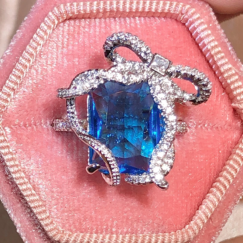 

Delicate Openwork Wrapped Bow Princess Full Diamond Couple Ring For Women Blue Geometric Zircon Christmas Gift Banquet Jewelry