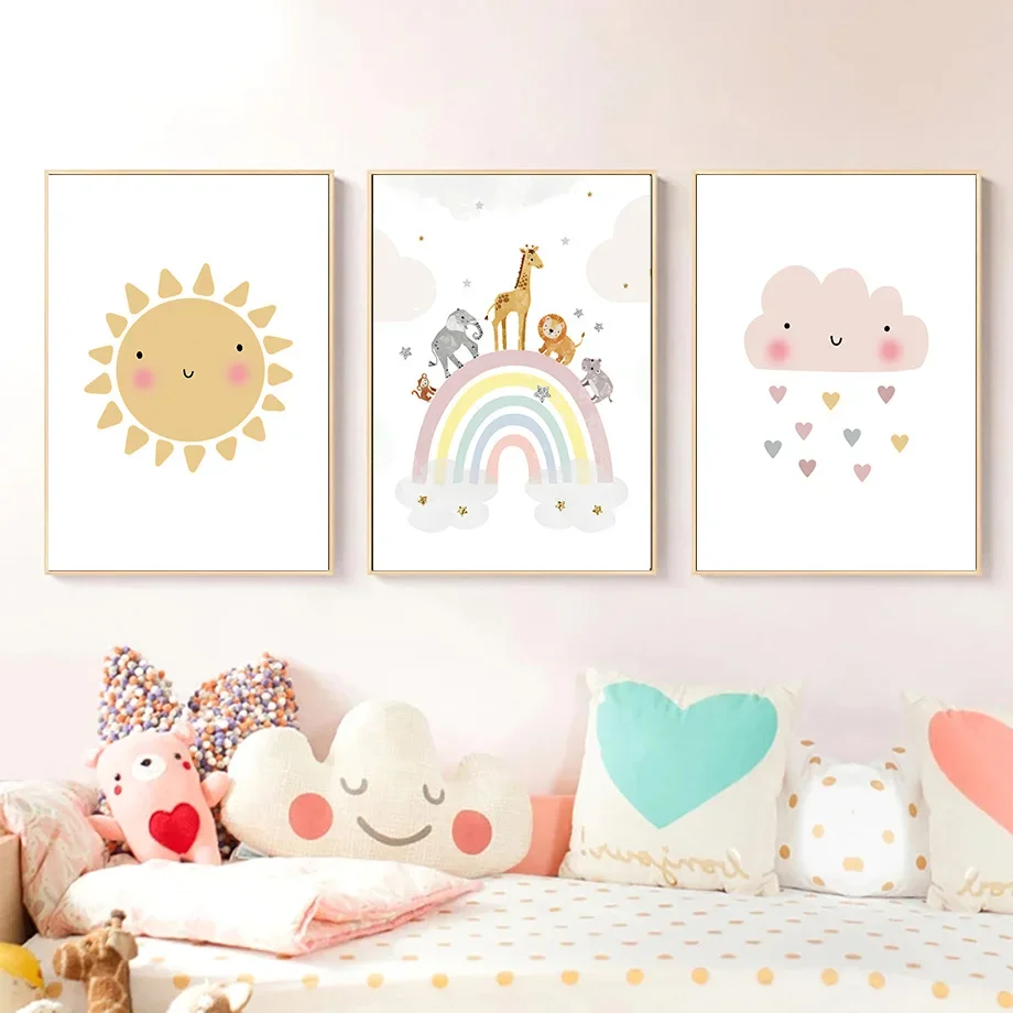 Giraffe Elephant Hot Balloon Sun Rainbow Nursery Nordic Posters And Prints Wall Art Canvas Painting Picture Baby Kids Room Decor