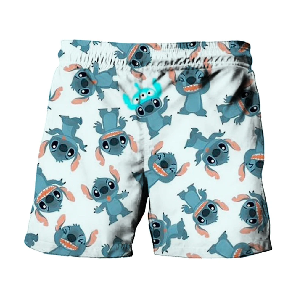 MINISO Summer Harajuku Cute Stitch And Mickey Minnie Anime Printed Men Swimwear Beach Shorts Fashion Casual Kids Shorts Clothing