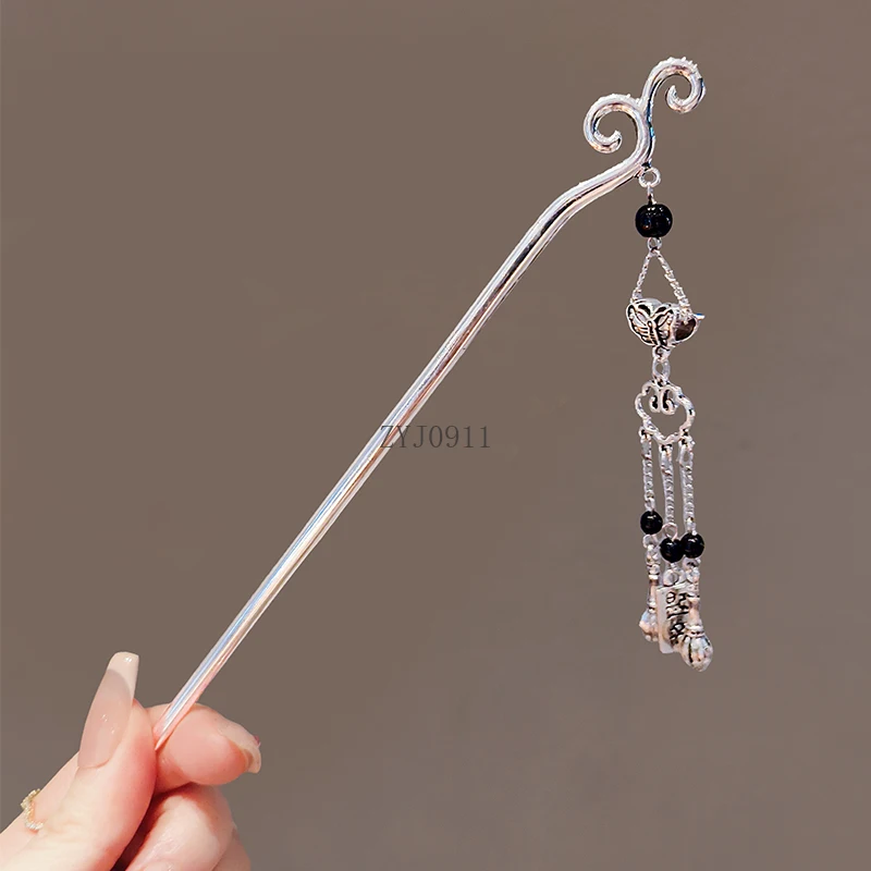 앤티크 차가운 느낌의 은나비 상서로운 구름 술 머리핀 틈새 고급스러운 느낌의 스텝 셰이커 머리핀 여성